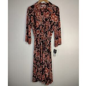 Studio One New York Burgandy Taupe Floral Faux Wrap Button Skirt Midi Dress Lg